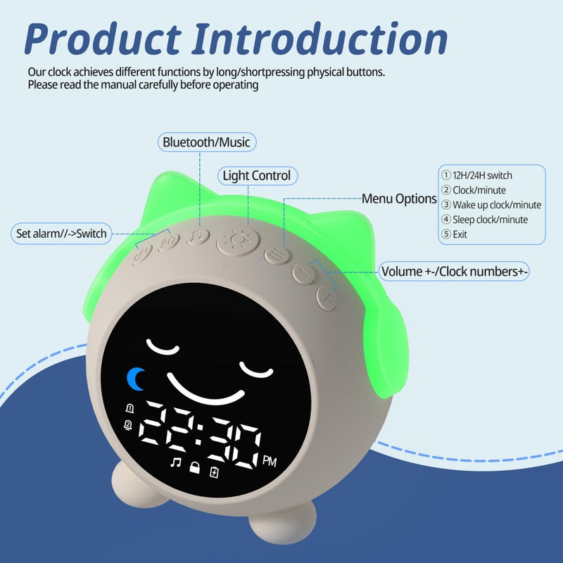 MRSCOZ Kids Alarm Clock for Sleep Training,Sleep Trainer,Ok to Wake Clock,Cute Cat Alarm Clock for Girls Boys Toddler with 10 Night Lights,9 Music Sounds, Auto-Off Timer,Cream White - Image 2