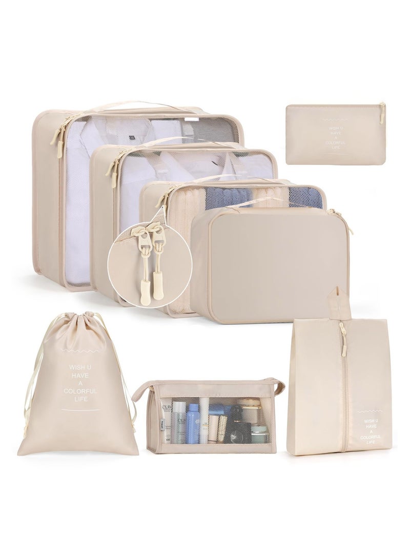 Eowhitu Travel Packing Organizers Set 8 Pieces,Waterproof Travel Bags for Suitcase, Packing Cubes for Storage Luggage, Bra, Underwear and Shoes Pouches 8 Packs-Beign - Image 1