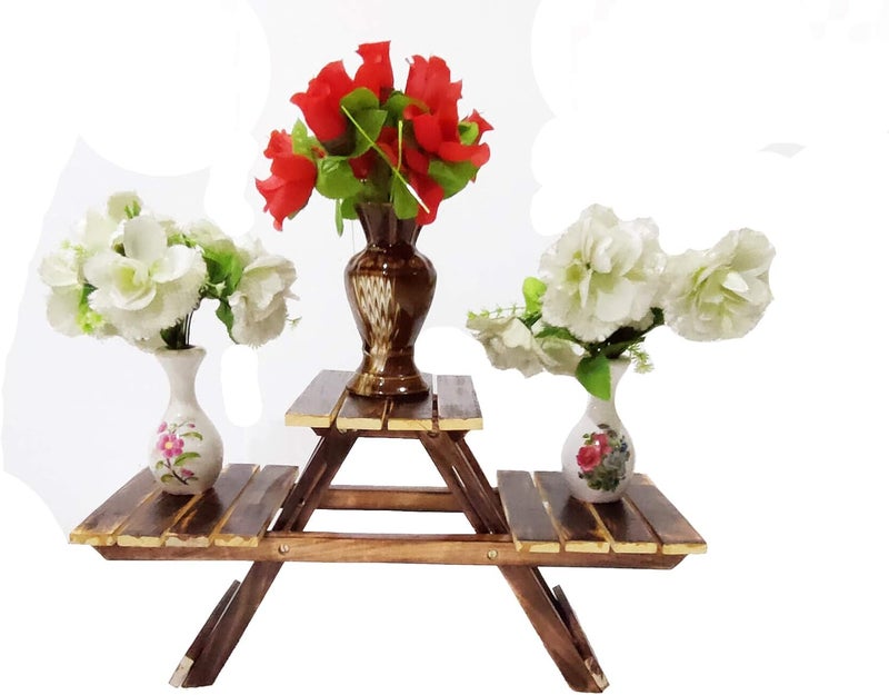 DECORVAIZ حامل خشبي عتيق متعدد الأغراض قابل للطي من SZ Crafts / حامل نباتات مع 3 أرفف / حامل جانبي لغرفة المعيشة / كرسي خشبي / حامل أواني الزهور / حامل مزهرية / حامل نباتات للحديقة والهواء ا��طلق - Image 2