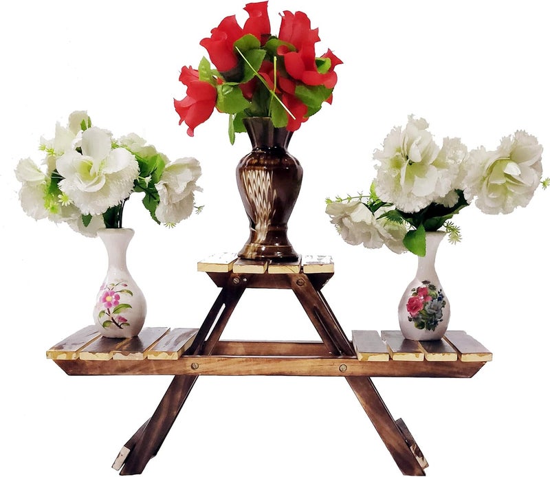 DECORVAIZ حامل خشبي عتيق متعدد الأغراض قابل للطي من SZ Crafts / حامل نباتات مع 3 أرفف / حامل جانبي لغرفة المعيشة / كرسي خشبي / حامل أواني الزهور / حامل مزهرية / حامل نباتات للحديقة والهواء ا��طلق - Image 1