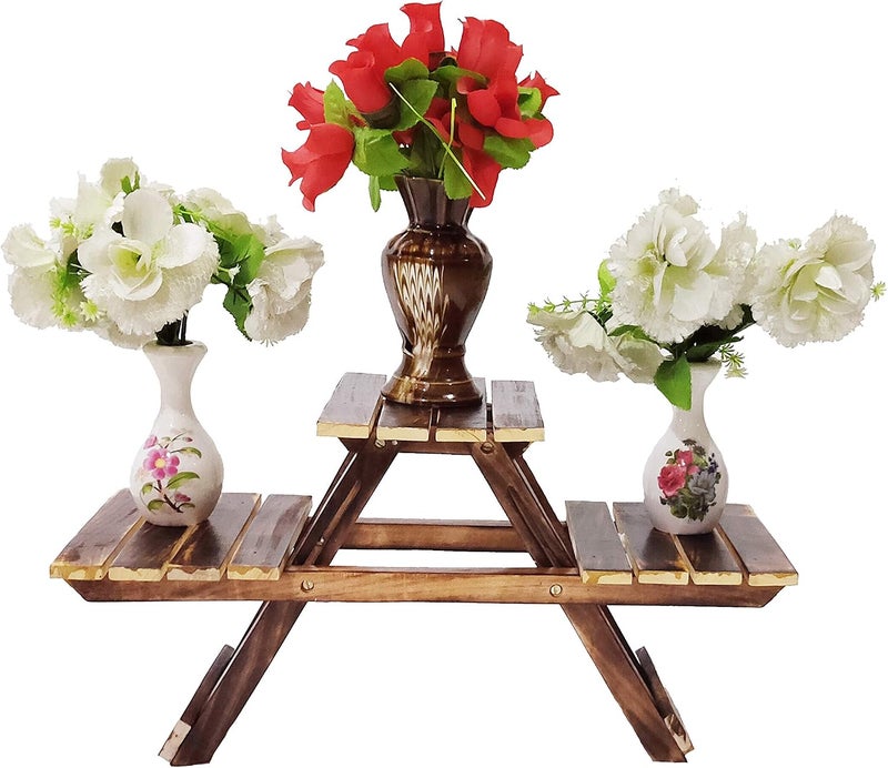 DECORVAIZ حامل خشبي عتيق متعدد الأغراض قابل للطي من SZ Crafts / حامل نباتات مع 3 أرفف / حامل جانبي لغرفة المعيشة / كرسي خشبي / حامل أواني الزهور / حامل مزهرية / حامل نباتات للحديقة والهواء ا��طلق - Image 3
