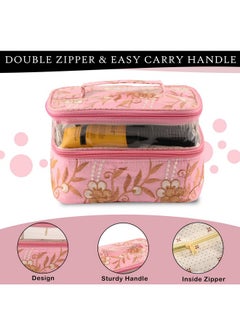 Kuber Industries Pack Of 2 Travel Storage Organizer | Dual Layer Cosmetic Bag With Handle | Visible Window Jewellery Kit | Toiletries Storage Bag | Travel Makeup Pouch | Embroidery Design | Pink  - Image 5