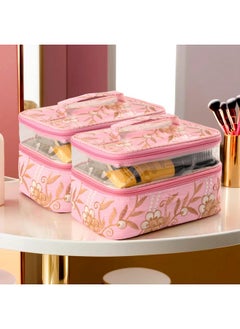 Kuber Industries Pack Of 2 Travel Storage Organizer | Dual Layer Cosmetic Bag With Handle | Visible Window Jewellery Kit | Toiletries Storage Bag | Travel Makeup Pouch | Embroidery Design | Pink  - Image 1