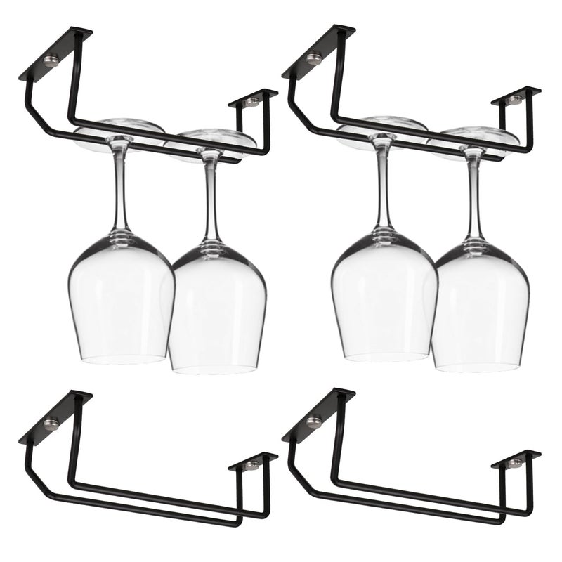 Yimerlen 7 Inch Black Wine Glass Rack Under Cabinet Wine Glass Holder Metal Stemware Rack Hanger for Kitchen Storage 4 Pack