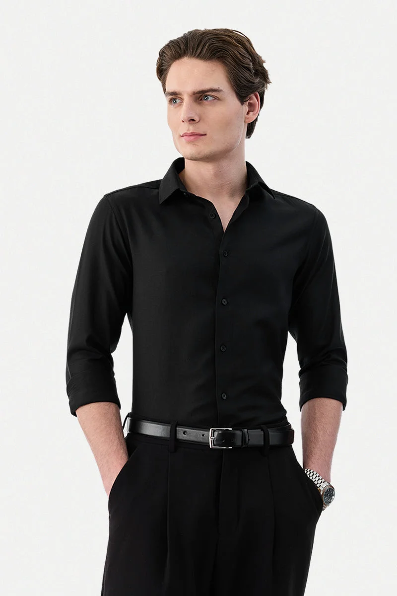 سنيتش Black Solid Long Sleeve Slim Fit Formal Luxe Shirt