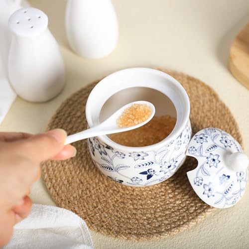 123Arts Ceramic Sugar Bowl Blue and White Flower Jar Salt Pepper Storage Jar with Lid And Spoon - Image 5