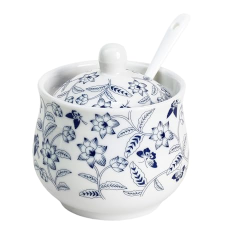 123Arts Ceramic Sugar Bowl Blue and White Flower Jar Salt Pepper Storage Jar with Lid And Spoon - Image 1