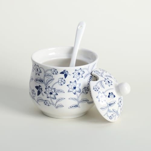 123Arts Ceramic Sugar Bowl Blue and White Flower Jar Salt Pepper Storage Jar with Lid And Spoon - Image 3