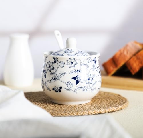 123Arts Ceramic Sugar Bowl Blue and White Flower Jar Salt Pepper Storage Jar with Lid And Spoon - Image 4