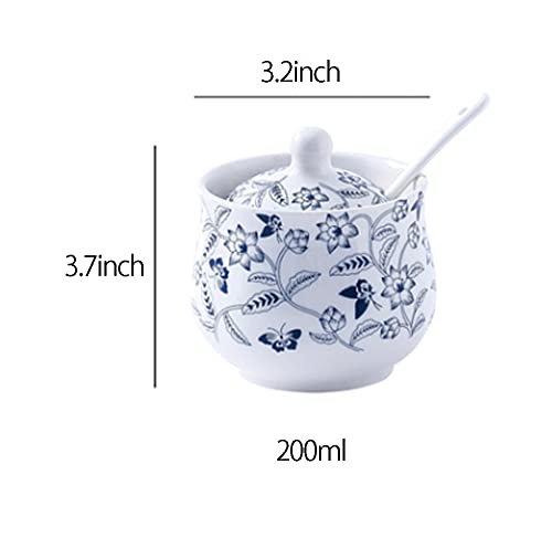 123Arts Ceramic Sugar Bowl Blue and White Flower Jar Salt Pepper Storage Jar with Lid And Spoon - Image 2