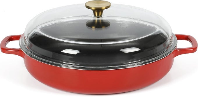 KITCHEN ESSENTIALS 375 QUART ENAMEL CAST IRON ALL IN ONE MULTIPURPOSE NONTOXIC NONSTICK BRAISER PAN WBOROSILICATE GLASS LID RED