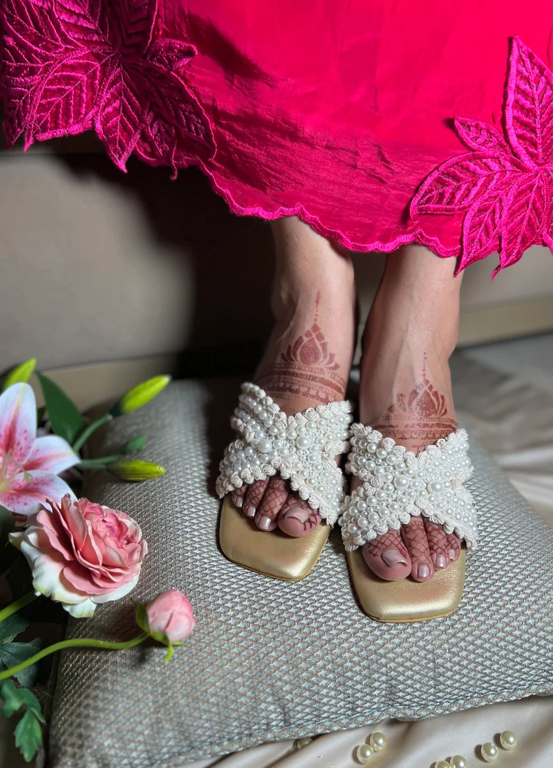 Ivory Pearl Cross Strap Block Heels