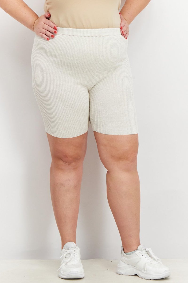 nu-in Women High Waist Ribbed Knitted Shorts, Off White - Image 1