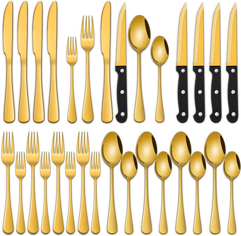 Dehov 24-Piece Gold Silverware Set with Steak Knives,Golden Flatware Sets Service For 4 Person For Home,Party,Restaurant,Durable Cutlery Sets,Includes Knife Spoon and Forks Sets - Image 1
