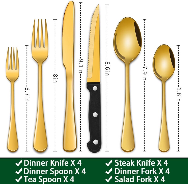 Dehov 24-Piece Gold Silverware Set with Steak Knives,Golden Flatware Sets Service For 4 Person For Home,Party,Restaurant,Durable Cutlery Sets,Includes Knife Spoon and Forks Sets - Image 2