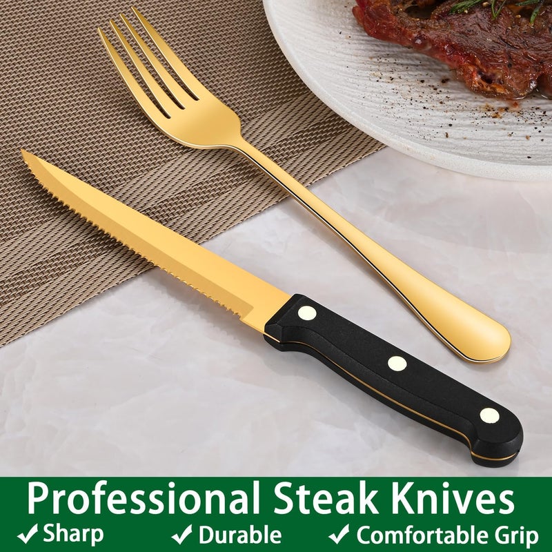 Dehov 24-Piece Gold Silverware Set with Steak Knives,Golden Flatware Sets Service For 4 Person For Home,Party,Restaurant,Durable Cutlery Sets,Includes Knife Spoon and Forks Sets - Image 5