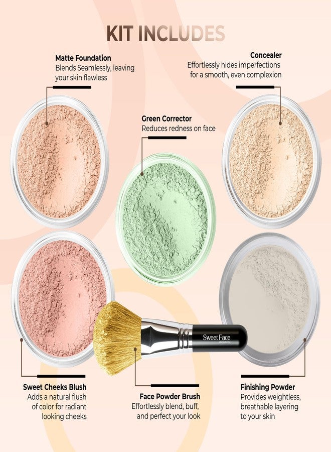 Sweet Face Minerals 5pc KIT w/FACE BRUSH (PINK BISQUE) Mineral Makeup Set Full Size Powder Bare Skin Matte Foundation - Image 2