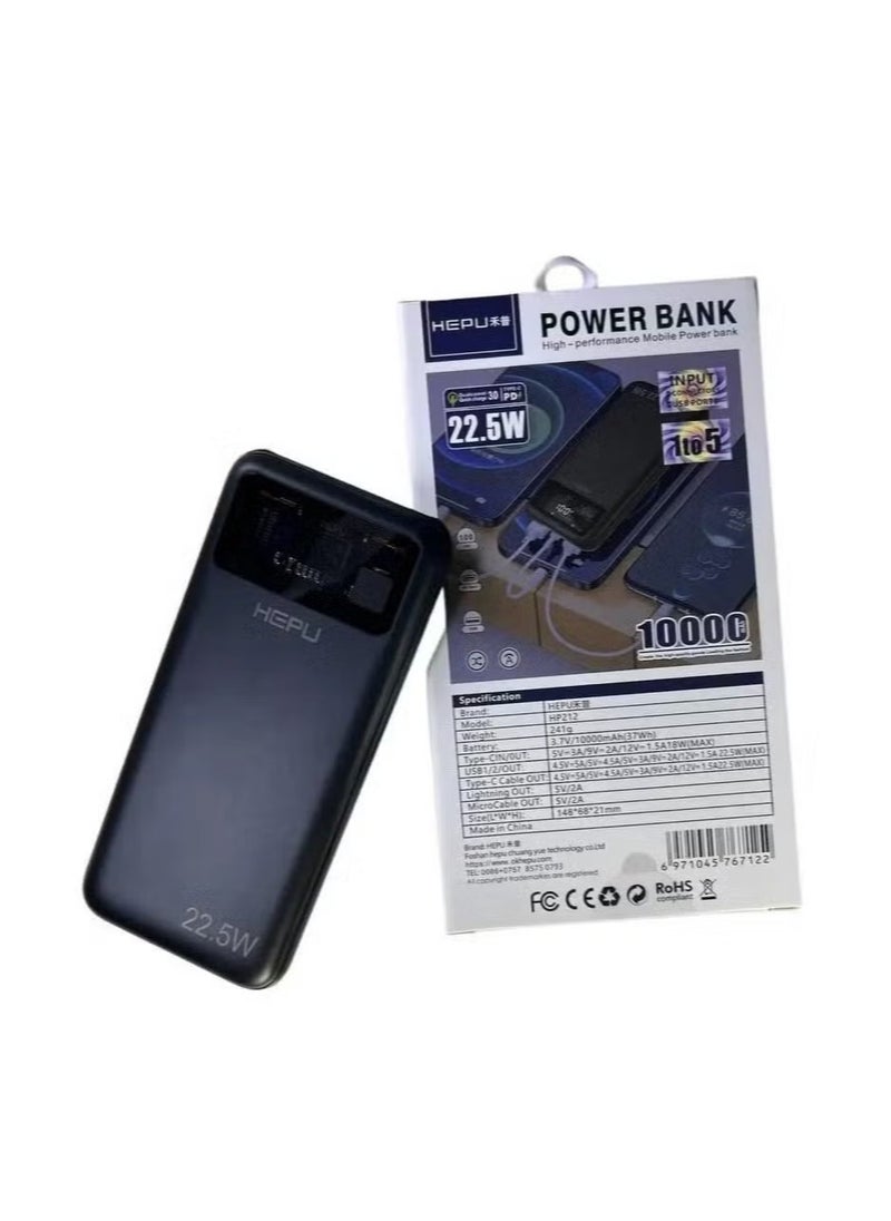 HEPU HP-212 10000mAh Power Bank – High-Capacity Portable Charger with PD & QC 22.5W Fast Charging, Dual USB & Type-C Ports, Lightweight and Travel-Friendly Design – Ideal for Smartphones, Tablets, and USB Devices  - Image 2