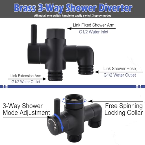 YDmeet Metal Shower Diverter Valve, YDmeet 3 Way Shower Head Diverter for Handheld Showerhead and Fixed Rainfall Shower Head, Universal G1/2 Bathroom Shower System Replacement Part, Matte Black - Image 3