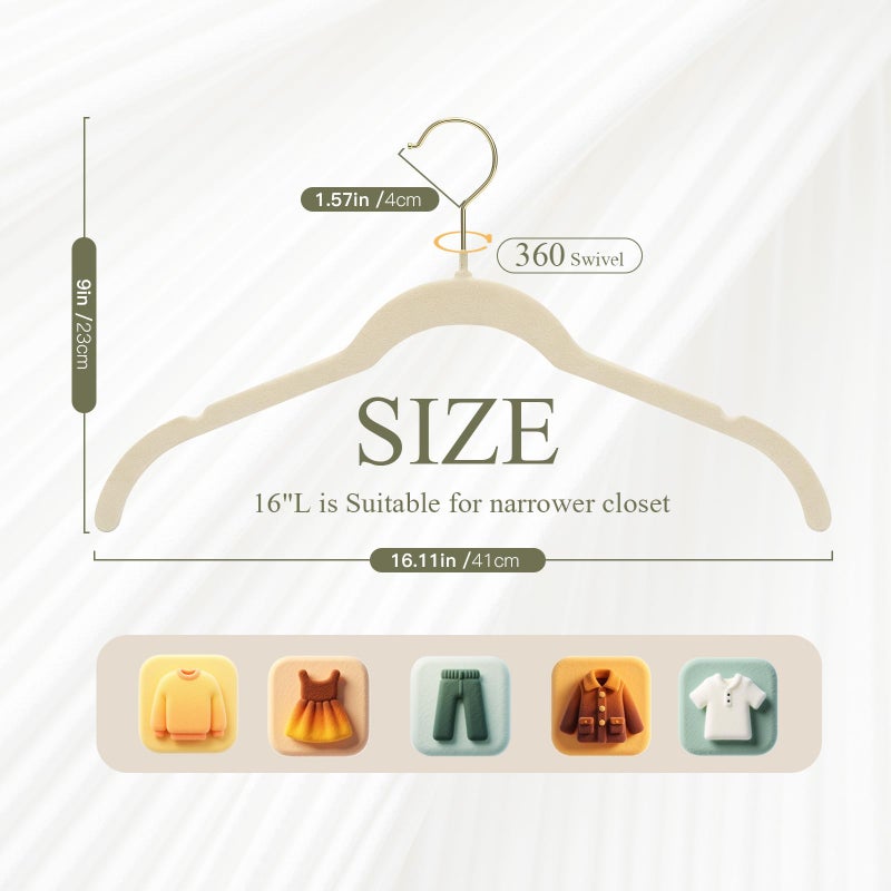 Korpai 30 Pack Beige Velvet Hangers, Non Slip,Durable,Slim Hangers Space Saving,Felt Hangers with Gold 360Â°Swivel Hook for Coats,Strappy Dresses,Shirts,Sweater ect - Image 2