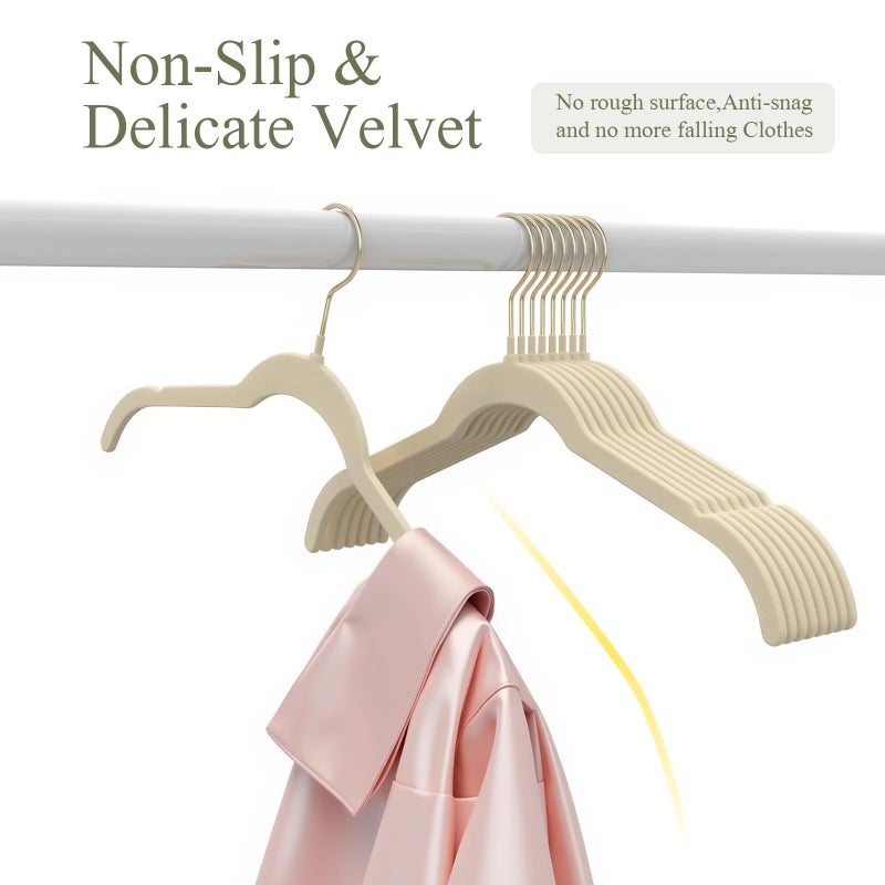 Korpai 30 Pack Beige Velvet Hangers, Non Slip,Durable,Slim Hangers Space Saving,Felt Hangers with Gold 360Â°Swivel Hook for Coats,Strappy Dresses,Shirts,Sweater ect - Image 5