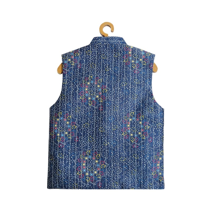CAVIO Boys Navy Traditional Embroidered Sequin Nehru Jacket - Image 4