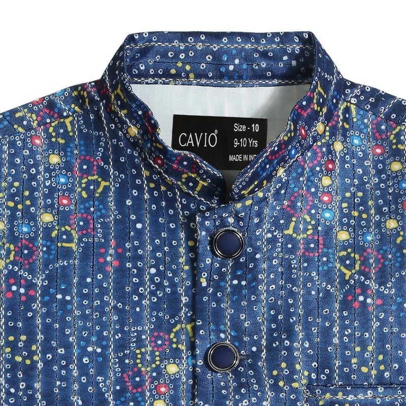 CAVIO Boys Navy Traditional Embroidered Sequin Nehru Jacket - Image 3