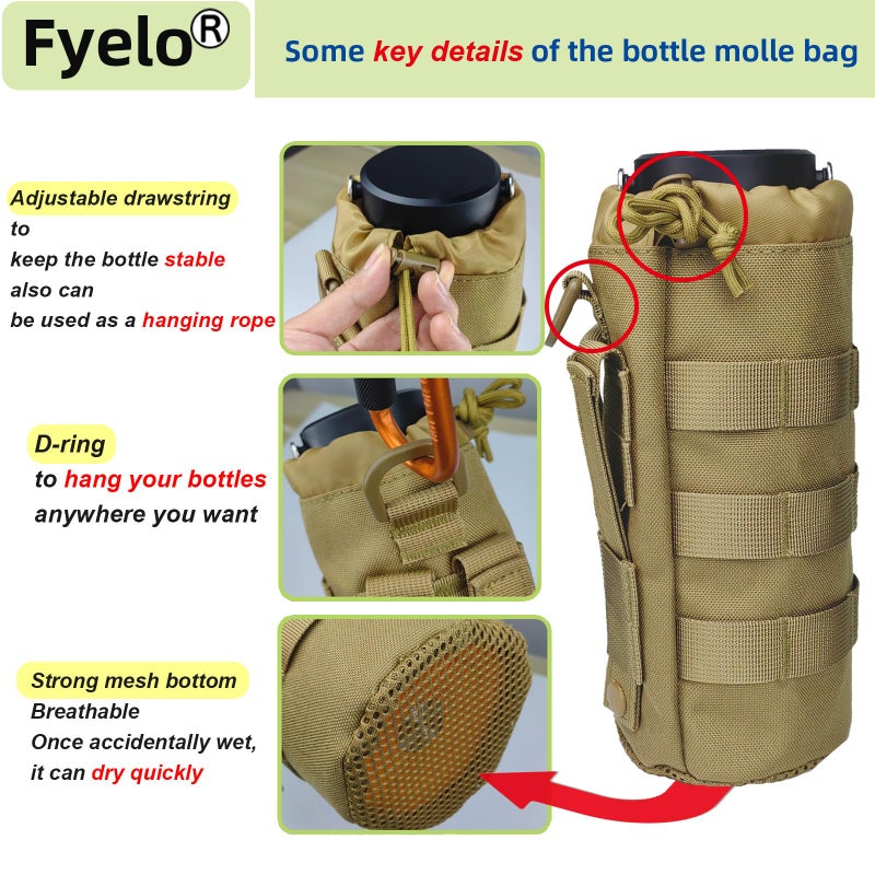 Fyelo Tactical MOLLE Bottle Pouch Bag, Travel/Sprots Molle Water Bottle Holder with Drawstring Open Top and Mesh Bottom - Brown - Image 3