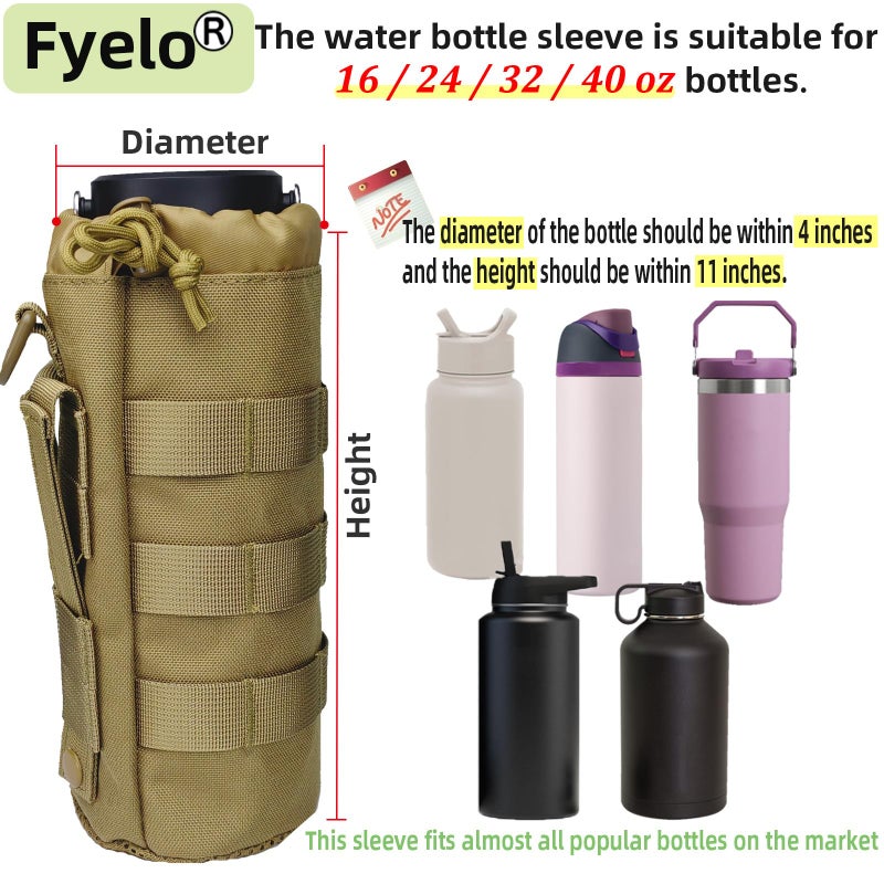 Fyelo Tactical MOLLE Bottle Pouch Bag, Travel/Sprots Molle Water Bottle Holder with Drawstring Open Top and Mesh Bottom - Brown - Image 2