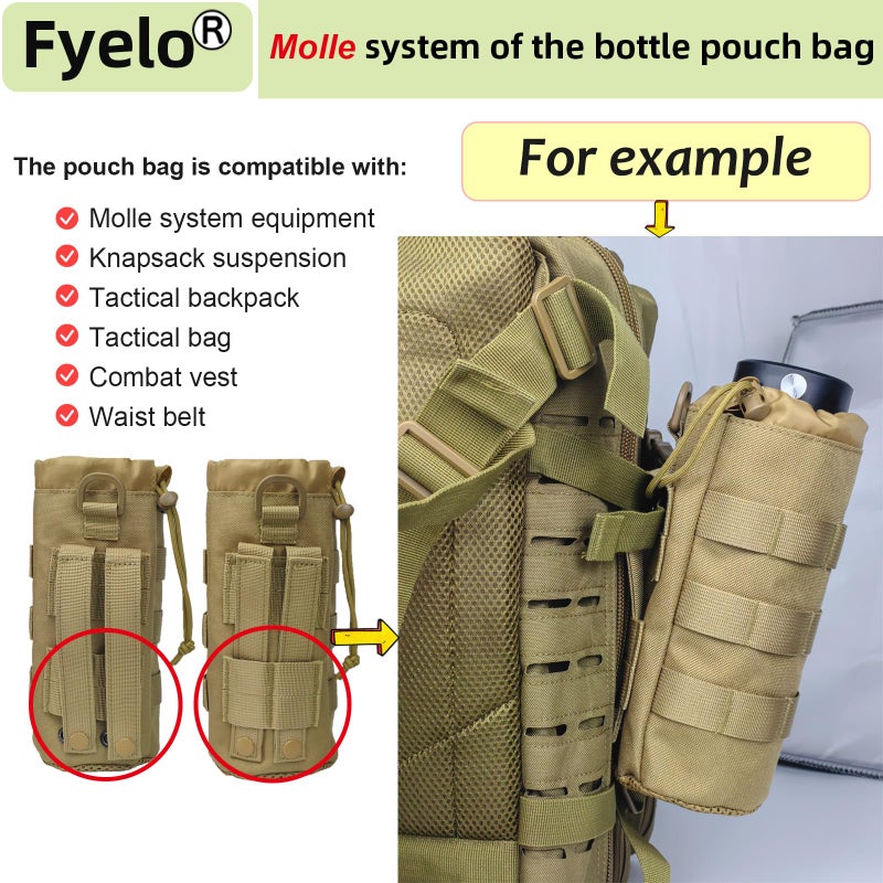 Fyelo Tactical MOLLE Bottle Pouch Bag, Travel/Sprots Molle Water Bottle Holder with Drawstring Open Top and Mesh Bottom - Brown - Image 4