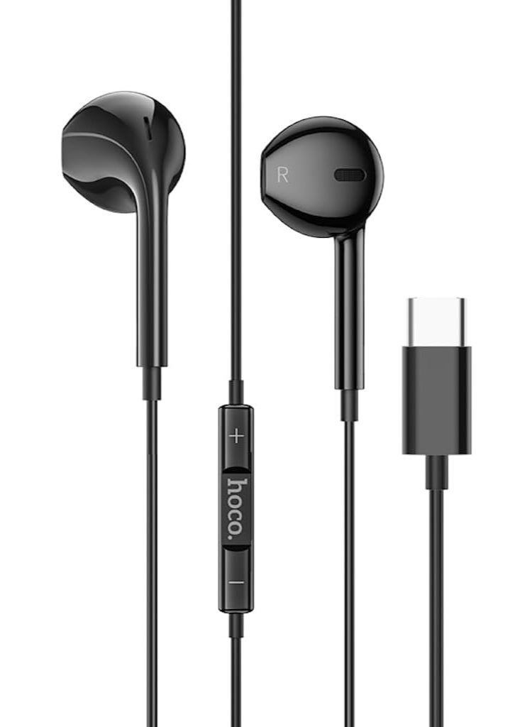 هوكو. سماعات أذن سلكية Crystal Joy Type-C مع ميكروفون، كابل 1.2 متر، تقليل الضوضاء، متوافقة مع Huawei وXiaomi وOnePlus وiPad Pro/Air - أسود - Image 1