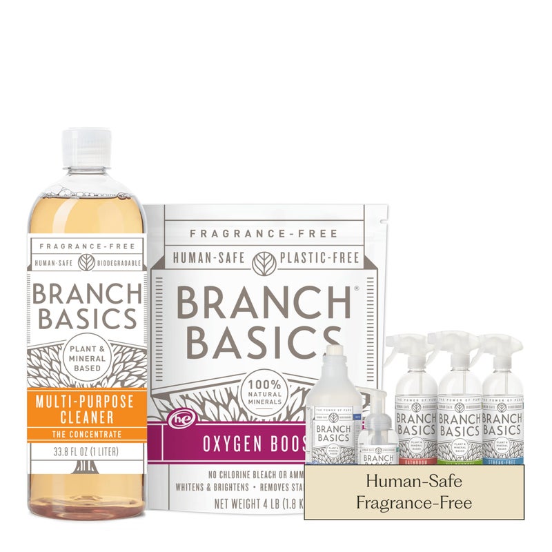 Branch Basics Premium Starter Kit: All Purpose Cleaner, Glass, and Bathroom Cleaner plus our Foaming Wash, and Laundry Bottle (3 Plastic Spray Bottles + Concentrate) Fragrance-Free - Image 1