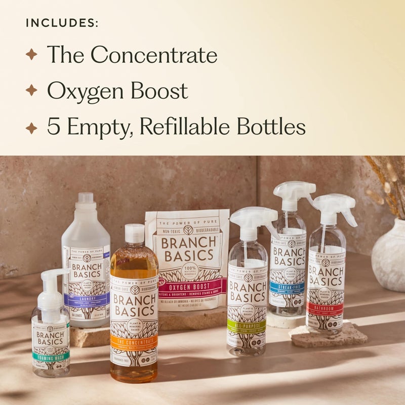 Branch Basics Premium Starter Kit: All Purpose Cleaner, Glass, and Bathroom Cleaner plus our Foaming Wash, and Laundry Bottle (3 Plastic Spray Bottles + Concentrate) Fragrance-Free - Image 3