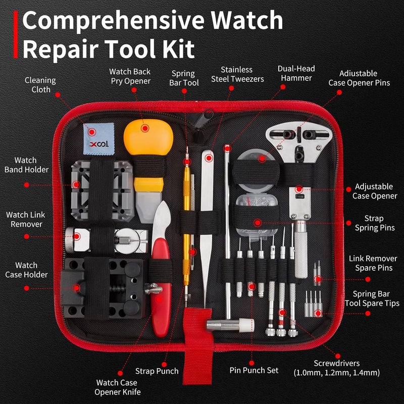 XOOL 151 PCS Professional Watch Repair Tool Kit, Includes Watch Battery Change Kit, Watch Case Opener, Link Remover, Spring Bar Tools, Screwdrivers, and Portable Carrying Case with Instruction Manual - Image 2