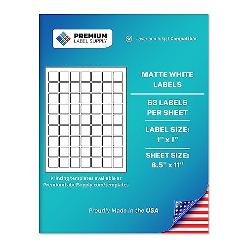 Premium Label Supply White Sticker Square Labels – 1" x 1" – Laser/Inkjet Compatible – (63 per Sheet), 25 Sheets – 1575 Total Adhesive Labels - Image 1