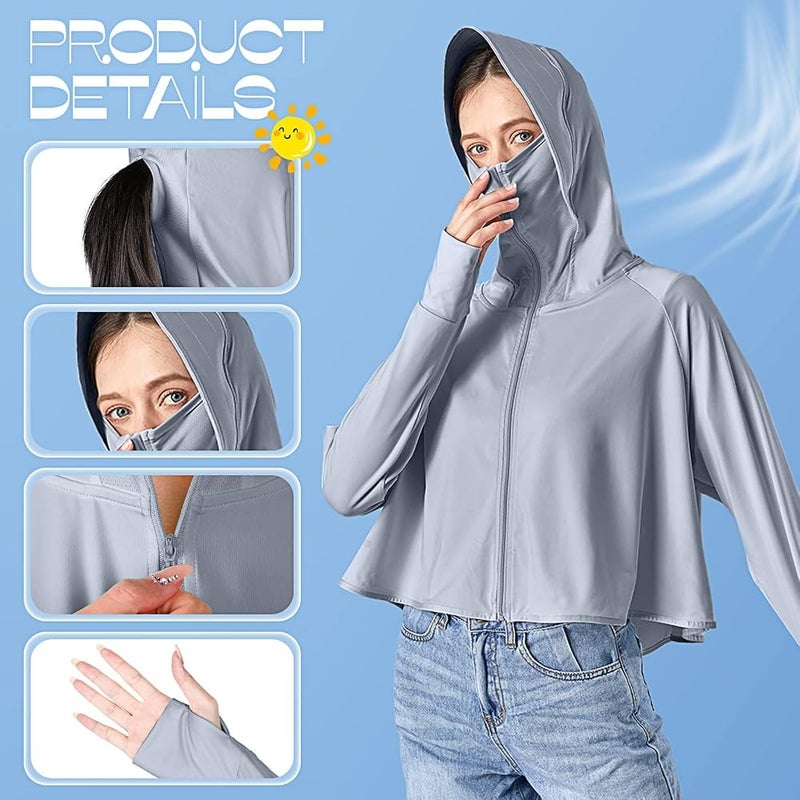 Excefore UV Protection Clothing, 2 Pcs Sun Protection Hoodie Jacket Full Zip UV Block Clothing for Women - Image 2
