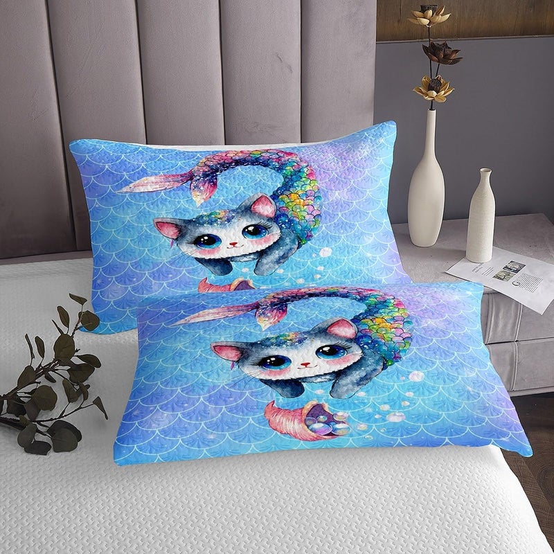 Feelyou Rainbow Cartoon Cat Bed Sheet Set Colorful Mermaid Sheets Set for Kids Boys Girls Room Decor Blue Mermaid Scales Bedding Set Ocean Gradient Style Sheets with Deep Pocket Fitted Sheet 4Pcs Full Size - Image 5