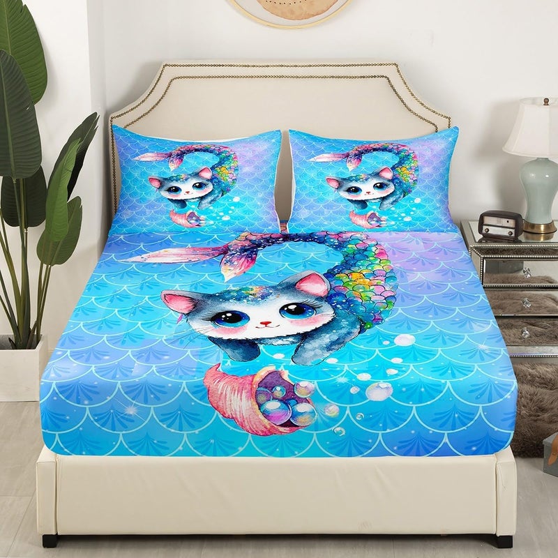 Feelyou Rainbow Cartoon Cat Bed Sheet Set Colorful Mermaid Sheets Set for Kids Boys Girls Room Decor Blue Mermaid Scales Bedding Set Ocean Gradient Style Sheets with Deep Pocket Fitted Sheet 4Pcs Full Size - Image 4