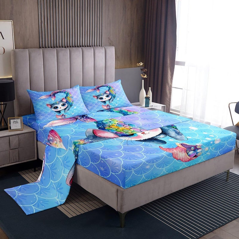 Feelyou Rainbow Cartoon Cat Bed Sheet Set Colorful Mermaid Sheets Set for Kids Boys Girls Room Decor Blue Mermaid Scales Bedding Set Ocean Gradient Style Sheets with Deep Pocket Fitted Sheet 4Pcs Full Size - Image 1