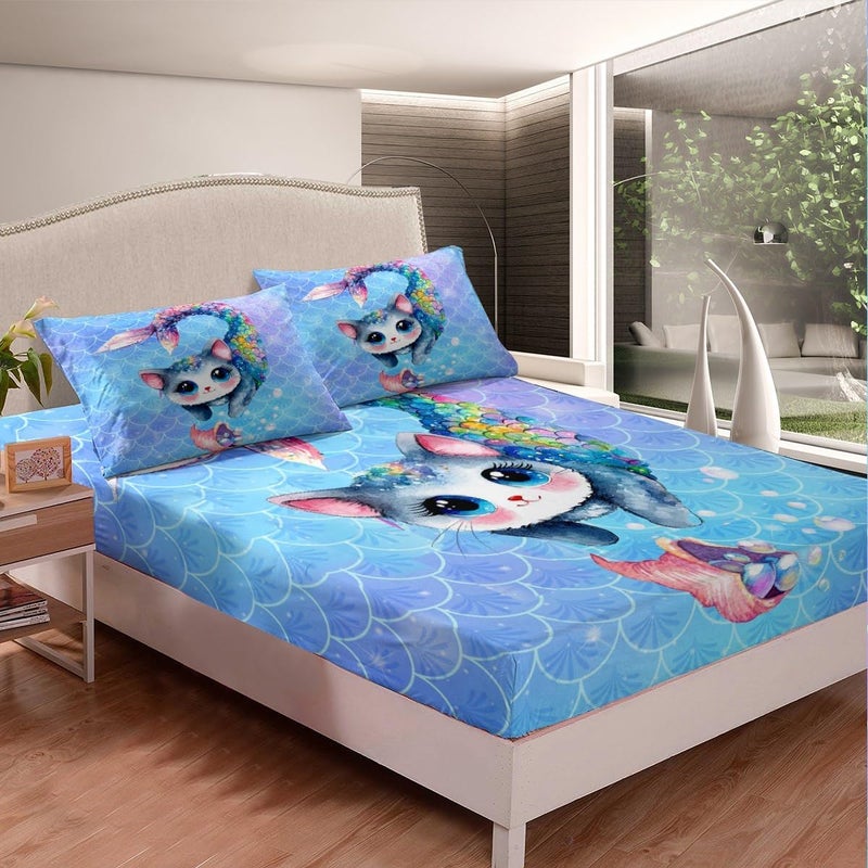 Feelyou Rainbow Cartoon Cat Bed Sheet Set Colorful Mermaid Sheets Set for Kids Boys Girls Room Decor Blue Mermaid Scales Bedding Set Ocean Gradient Style Sheets with Deep Pocket Fitted Sheet 4Pcs Full Size - Image 3