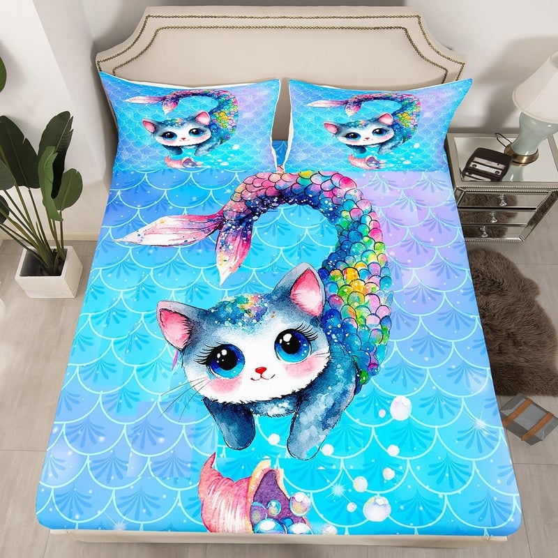 Feelyou Rainbow Cartoon Cat Bed Sheet Set Colorful Mermaid Sheets Set for Kids Boys Girls Room Decor Blue Mermaid Scales Bedding Set Ocean Gradient Style Sheets with Deep Pocket Fitted Sheet 4Pcs Full Size - Image 2