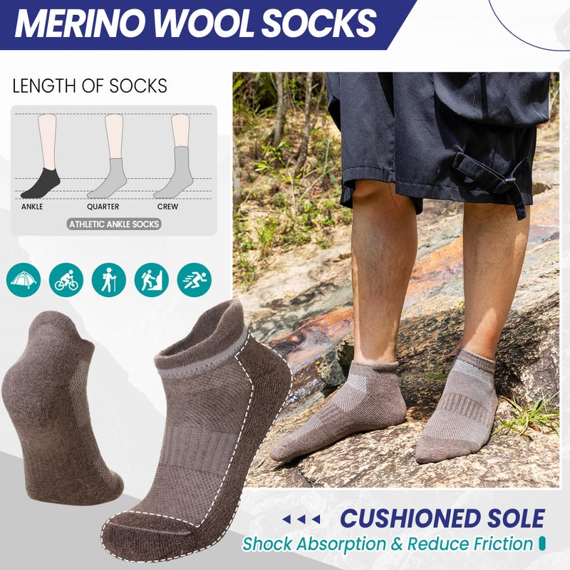 Eyean Merino Wool Ankle Running Socks Men Women Hiking Thick Half Cushioned Support No Show Socks 6 Pairs (Black/Grey, Large) - Image 3