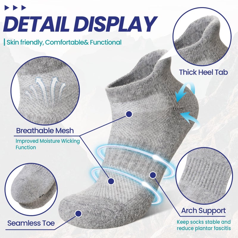 Eyean Merino Wool Ankle Running Socks Men Women Hiking Thick Half Cushioned Support No Show Socks 6 Pairs (Black/Grey, Large) - Image 4