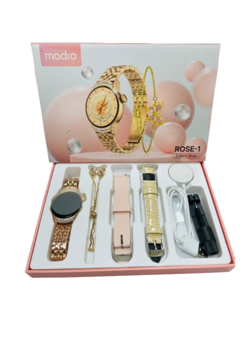 modio 3+1 pairs Gift Collection watch Luxurios Full Touch Color Screen Bluetooth Calling Health and Sports Smartwatch Gold - Image 1