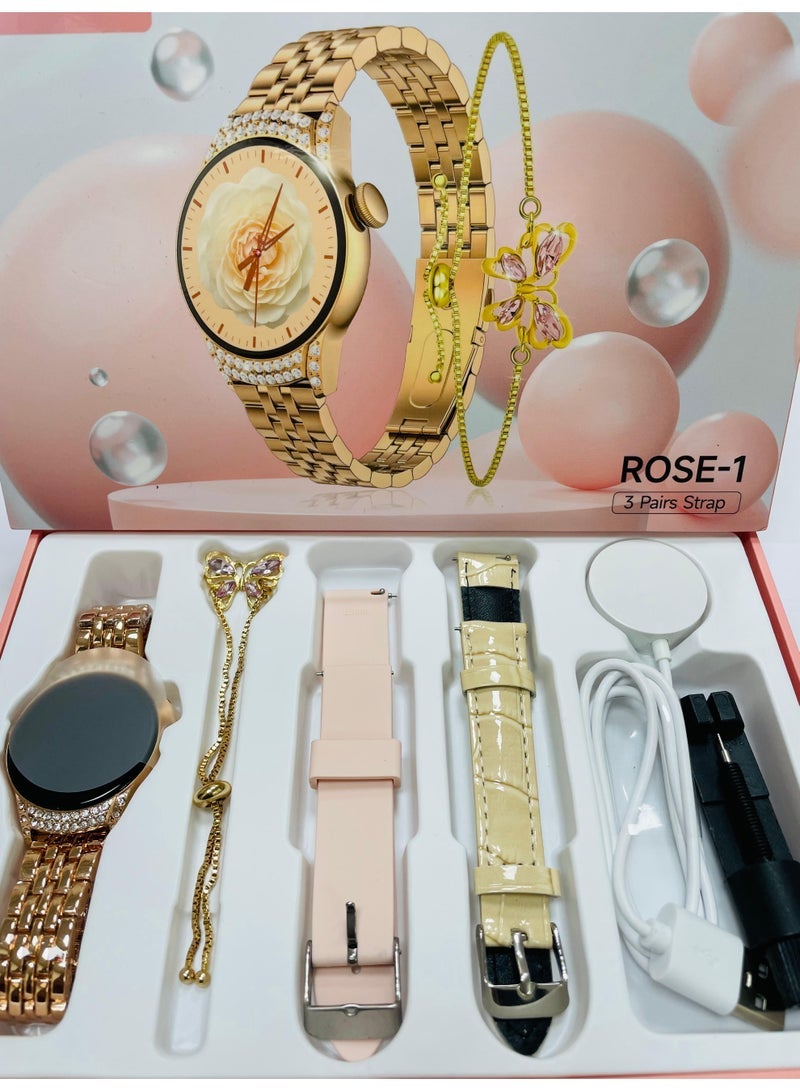 modio 3+1 pairs Gift Collection watch Luxurios Full Touch Color Screen Bluetooth Calling Health and Sports Smartwatch Gold - Image 5