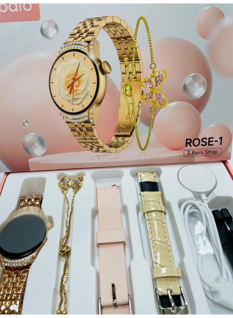 modio 3+1 pairs Gift Collection watch Luxurios Full Touch Color Screen Bluetooth Calling Health and Sports Smartwatch Gold - Image 2