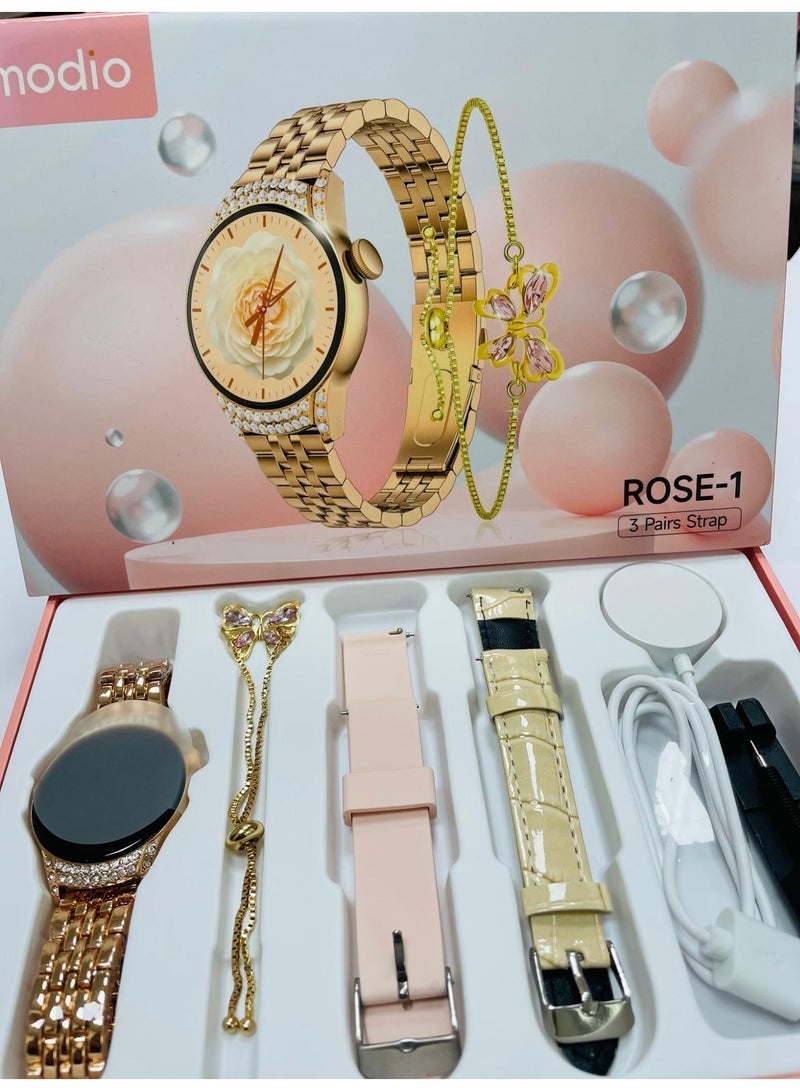 modio 3+1 pairs Gift Collection watch Luxurios Full Touch Color Screen Bluetooth Calling Health and Sports Smartwatch Gold - Image 3