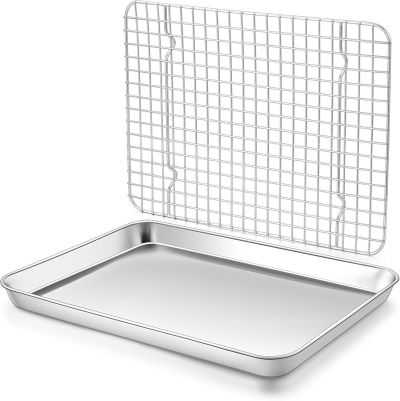 Homikit Baking Sheet with Wire Rack Set, Stainless Steel Quarter Sheet Pan with Grid Cooling Rack for Toaster Oven Roasting, Metal Bacon Cookie Trays Nonstick Jelly Roll Pan, 12" x 10" x 1 Inch - Image 1