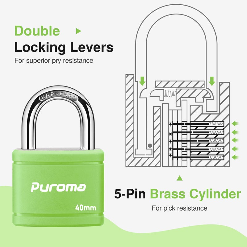 Puroma Keyed Padlock with 2 Keys Alike, 7/8 Inch Locker Lock 40mm Heavy-Duty Locks for Gate Fence Hasp Cabinet Toolbox School Gym Locker (Green) - Image 5