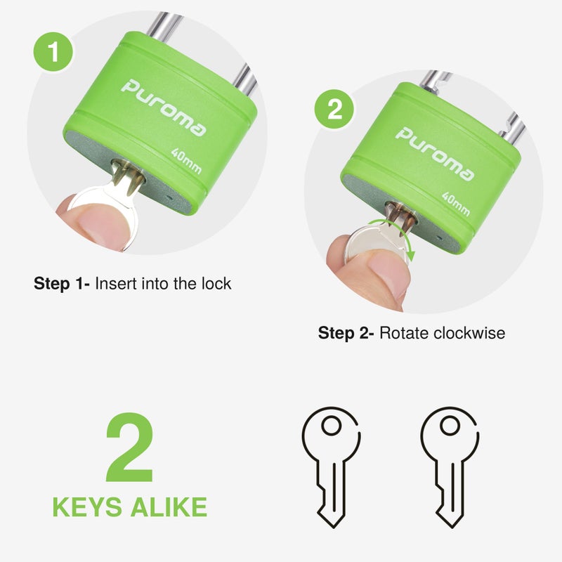Puroma Keyed Padlock with 2 Keys Alike, 7/8 Inch Locker Lock 40mm Heavy-Duty Locks for Gate Fence Hasp Cabinet Toolbox School Gym Locker (Green) - Image 3